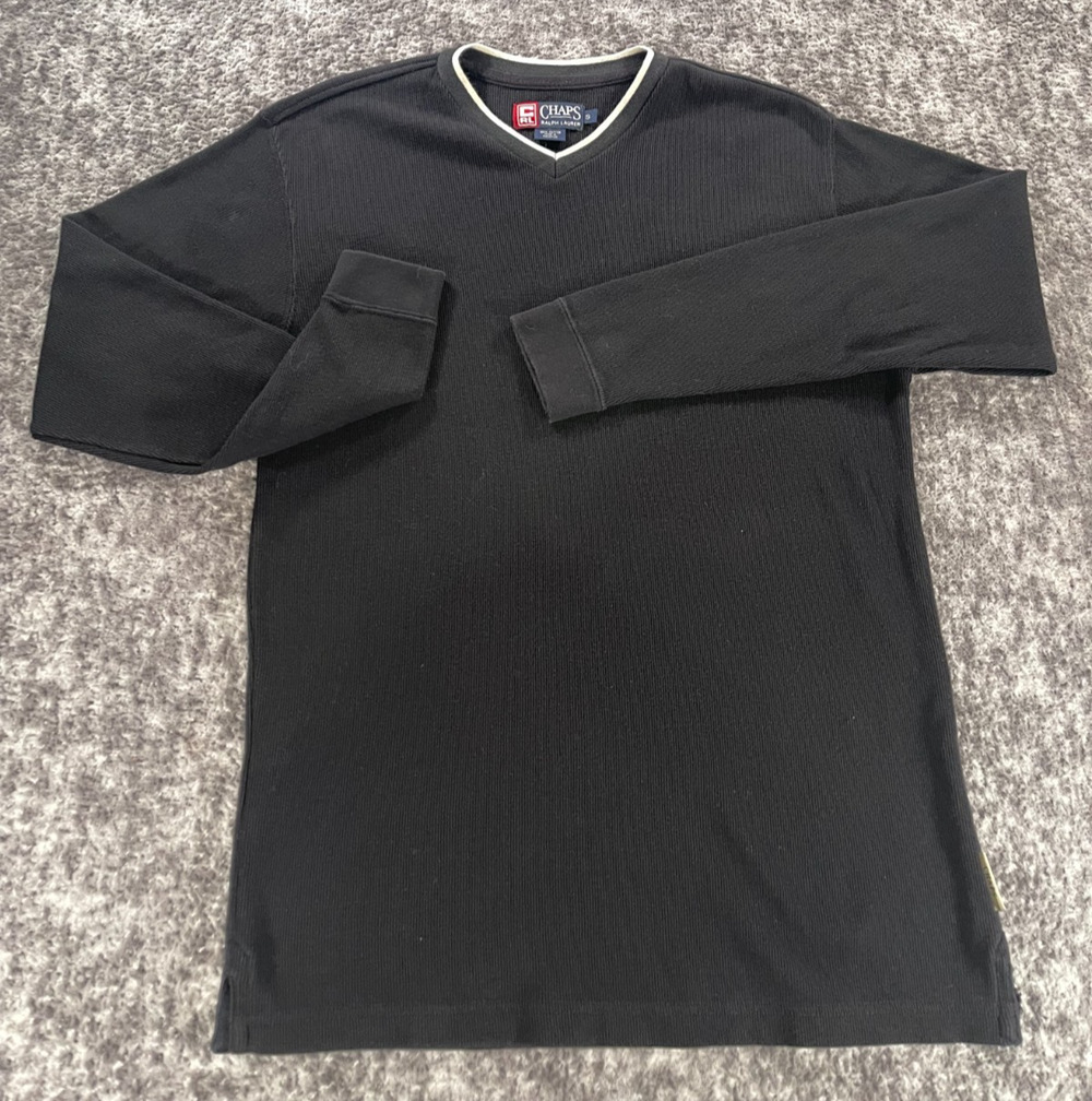 Ralph Lauren Chaps Mens S fit M Black Cotton V Neck Long Sleeve Shirt Sweater